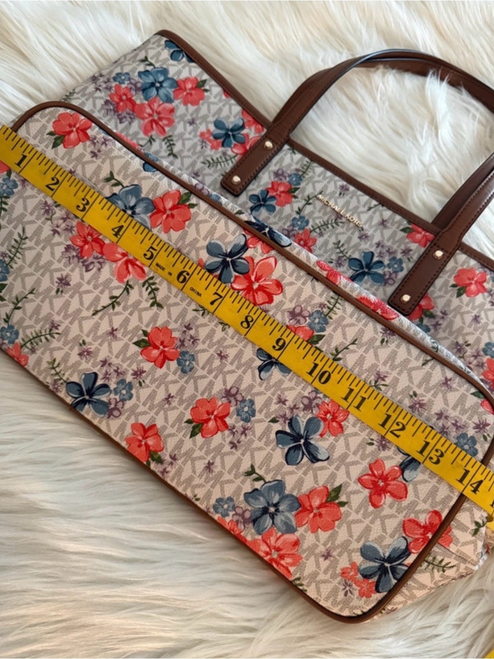 Michael Kors White Floral Tote with Coral & Blue Flowers - Picture 3 of 9